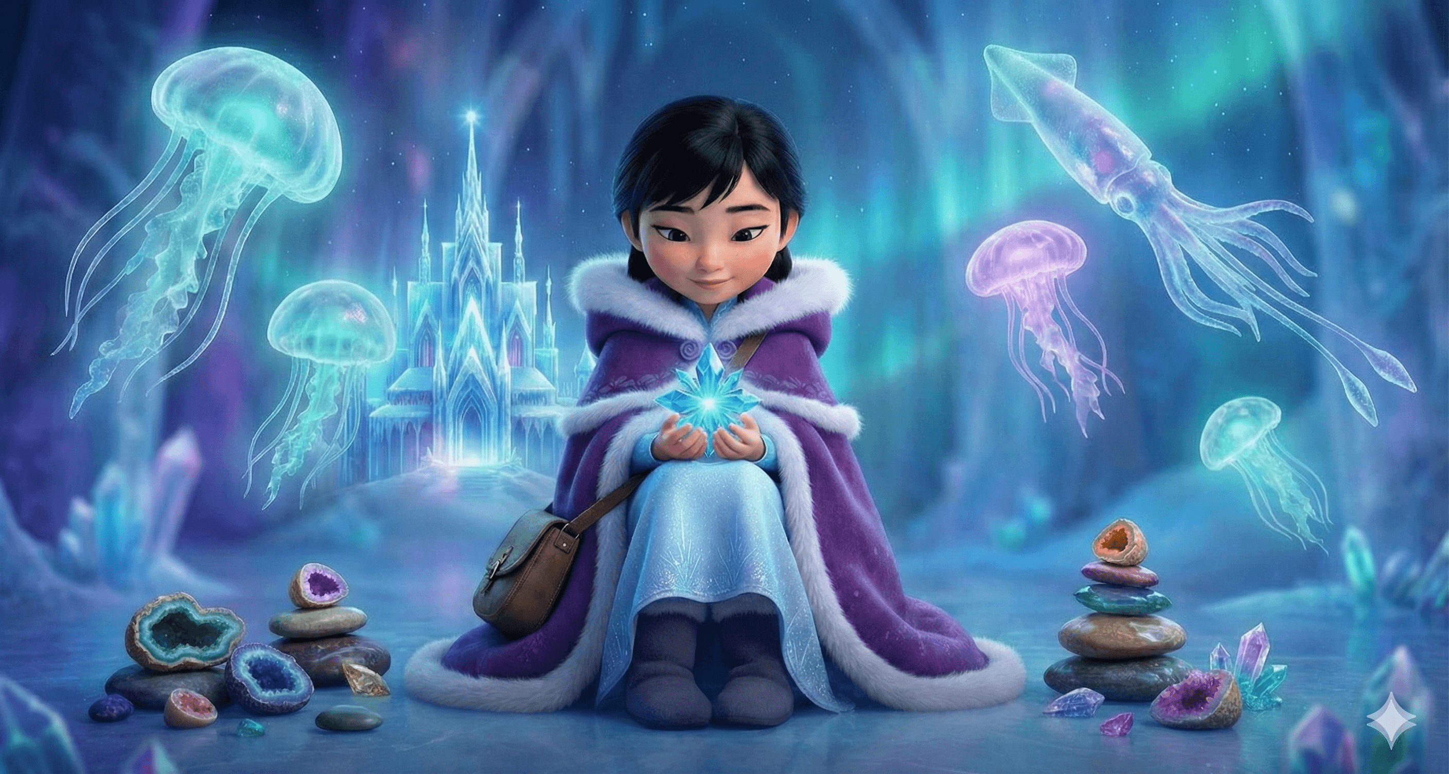Cover of The Quest for the Crystal of Calm: Maya in a fur-trimmed cape holds a glowing crystal in an ice castle, ringed by jellyfish and neatly sorted rocks