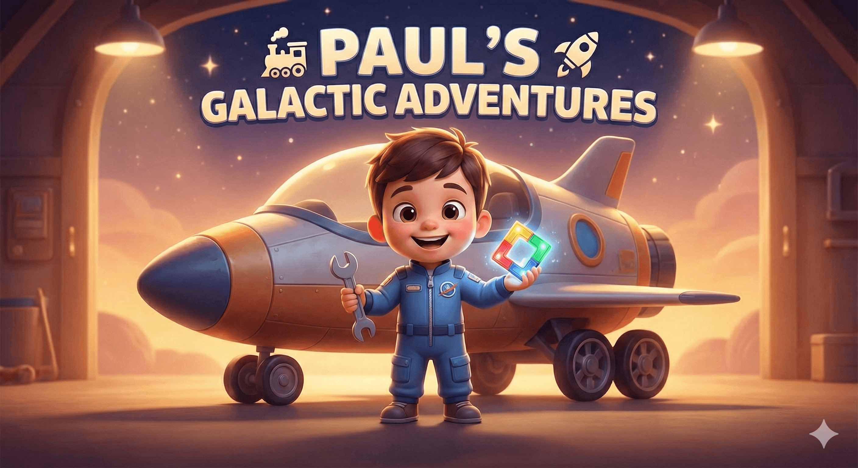 Cover of Pilot Paul and the Cosmic Crystal: a young pilot beside his spaceship under a starry sky